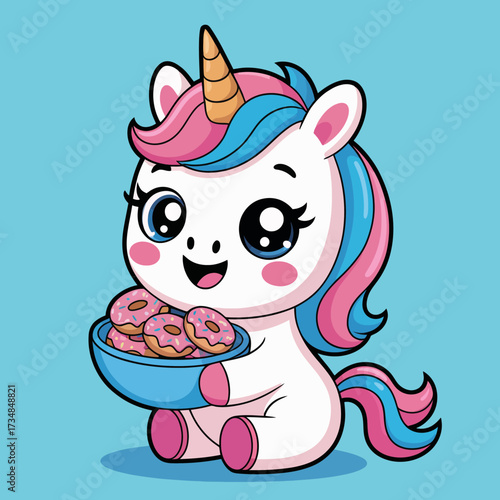 This magical unicorn cheerfully holds a bowl of donuts, radiating joy and enchantment, perfect for celebrating whimsy and sweetness in design.