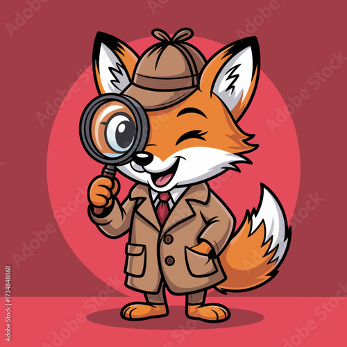 A clever fox dressed as a detective, complete with a magnifying glass, stands ready to solve mysteries against a red background, embodying wit and playful curiosity.