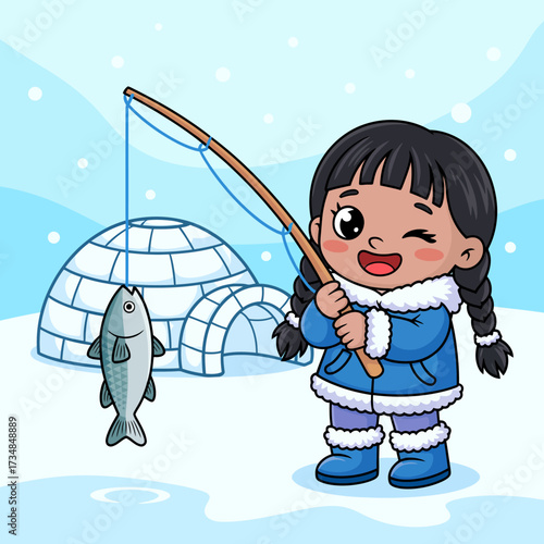 A cheerful girl in winter attire winks while ice fishing, showcasing a playful winter outdoor activity. Bright igloos and snowy background enhance the joyful atmosphere.
