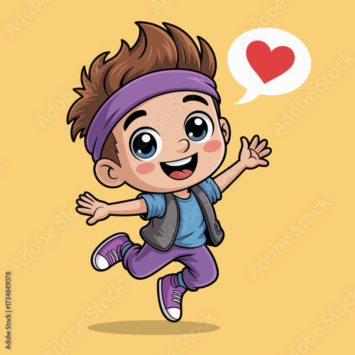 A joyful boy in a dynamic pose jumps excitedly, with a heart in a speech bubble, encapsulating youthful exuberance and the thrill of happiness in a playful style.
