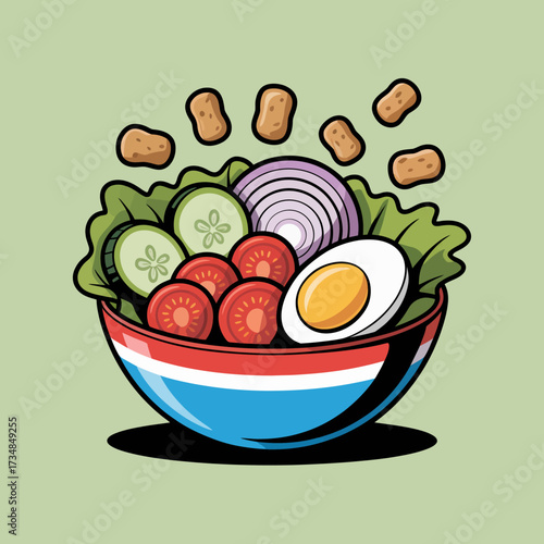 A colorful and nutritious salad bowl filled with fresh vegetables and a perfectly boiled egg, representing healthy eating and a vibrant lifestyle with striking visuals.
