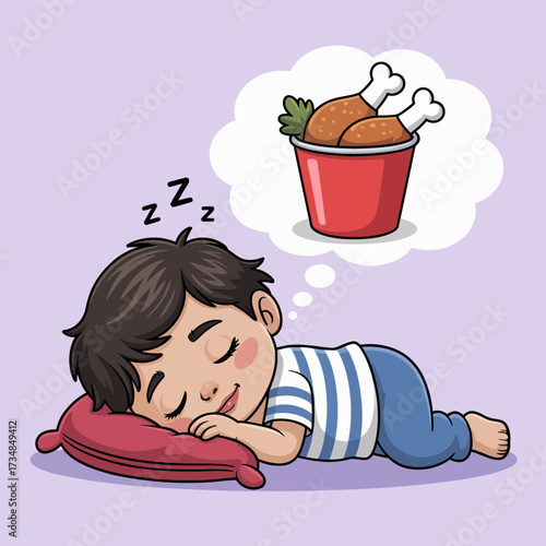 This charming illustration of a young boy asleep, dreaming of food, captures innocence and joy, highlighting the playful nature of childhood and whimsical dreams.