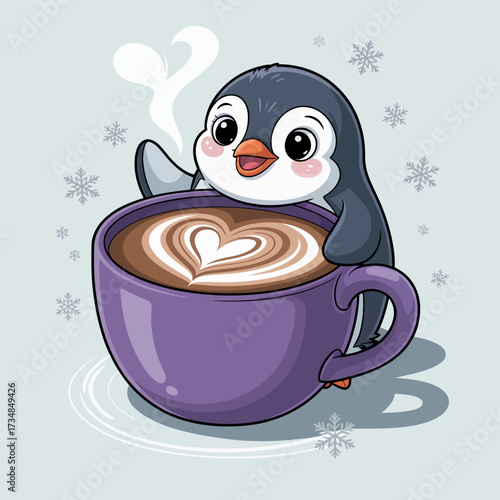 A cute penguin perched on the edge of a large purple coffee cup, radiating warmth and joy, perfectly blending elements of nature and anthropomorphism in a charming illustration.
