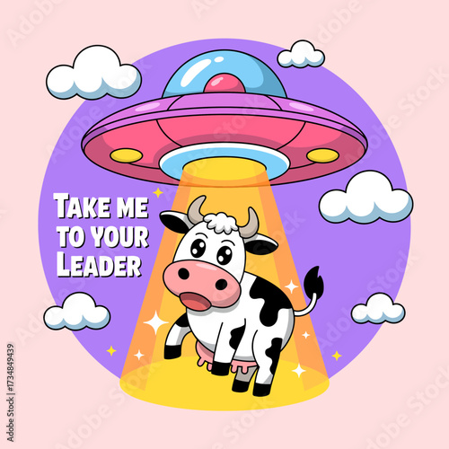 A humorous illustration of a cow being abducted by a UFO showcases playful creativity and imagination, becoming a fun visual representation of alien adventure and curiosity.
