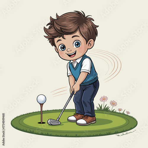 A young boy, dressed in smart attire, is swinging a golf club with enthusiasm, capturing the sense of playfulness, skill, and innocence associated with childhood.