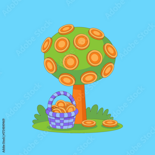 A whimsical illustration of a money tree sprouting coins, surrounded by lush green grass and a basket filled with more coins, symbolizing prosperity and wealth.