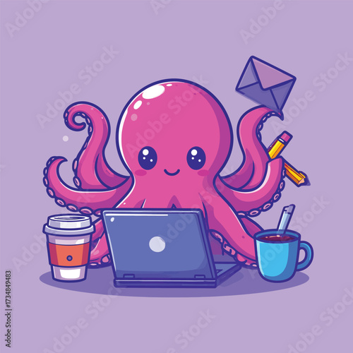 Cute octopus working on laptop with phone and coffee cartoon vector icon illustration animal techno