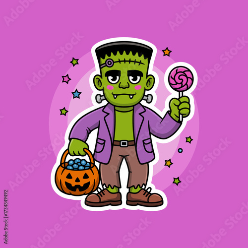 A humorous illustration of a green cartoon monster, wearing a stylish outfit, holding a giant lollipop and a candy bag, representing joy and the playful spirit of Halloween.