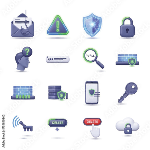 A cybersecurity icon set vector featuring various security symbols on a clean white background, conveying a sense of safety and protection.