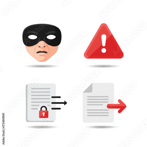 A cybersecurity icon set vector featuring a masked face, warning sign, secure document, and unlocked file, conveying a sense of online security and data protection.