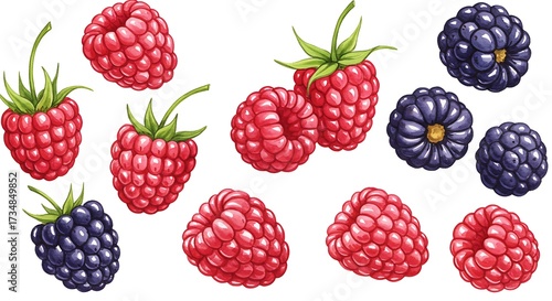 Fresh berries collection illustration raspberries and blackberries isolated