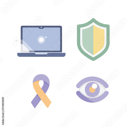 Vector cybersecurity icon set featuring a laptop, shield, awareness ribbon, and eye on a clean white background with a focus on security and protection.