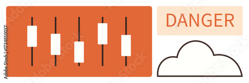Candlestick chart representing market trends beside Danger symbol and cloud outline. Ideal for risk assessment, finance, securities, decision-making, cautionary alerts, warnings, and trading