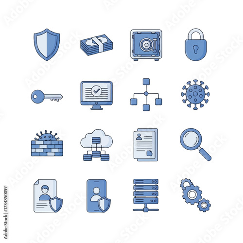 A cybersecurity icon set vector featuring various blue symbols for security, protection, and technology on a clean white background.