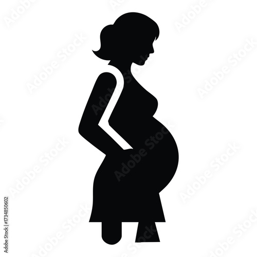 Silhouette of a pregnant woman standing with hands in pockets, showcasing the profile of maternity in a simple black and white design