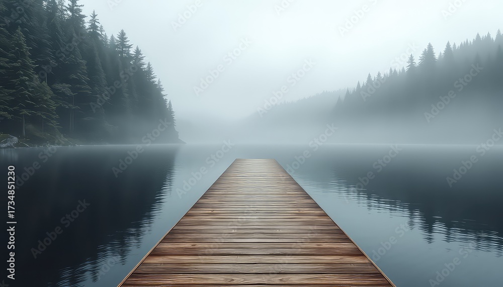 Fototapeta premium Wooden dock extending into tranquil lake surrounded by evergreen forest shrouded in a dense fog