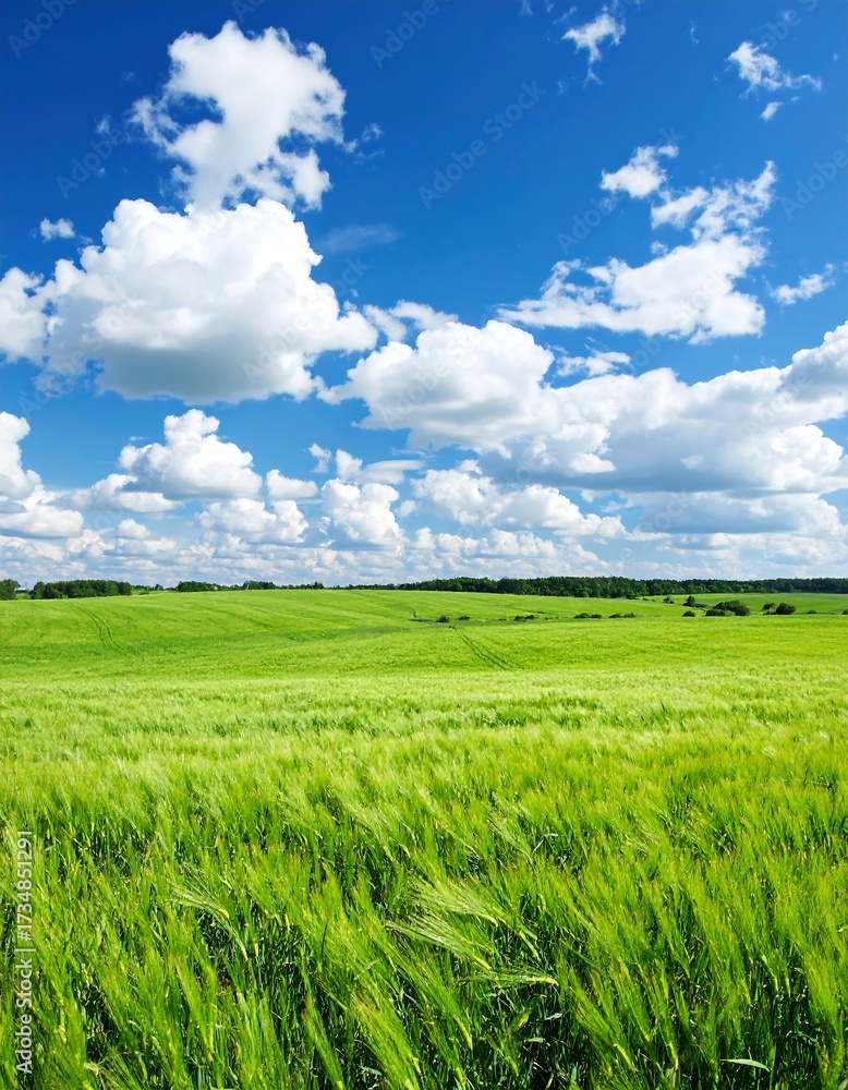 Fototapeta premium Vast green field under a vibrant blue sky