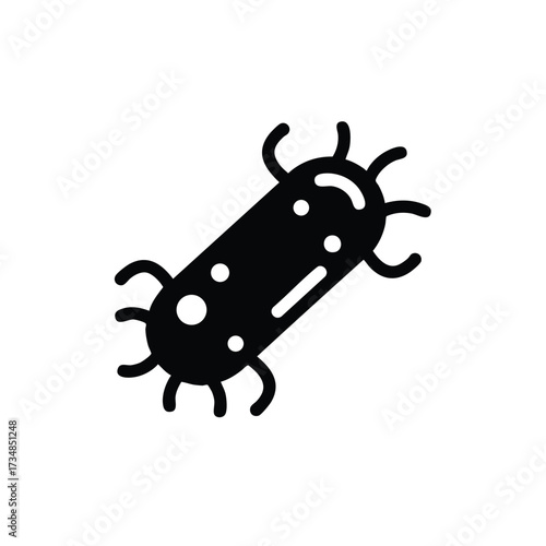Simplified black and white of a bacteria or microorganism with a rod shape and multiple appendages