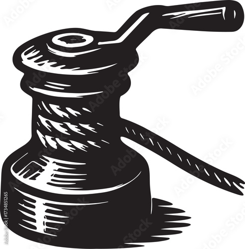 Manual winch with rope nautical sailing tool linocut black and white vector illustration for boat equipment marine packaging and label artwork