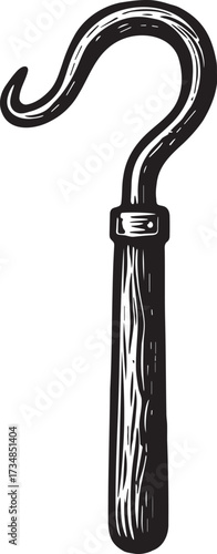 Boat hook gaff pole marine tool linocut black and white vector illustration for sailing boating and nautical equipment packaging artwork