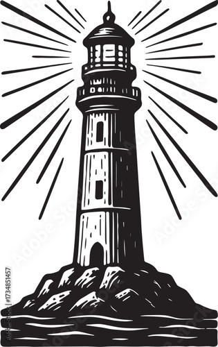 Lighthouse beacon tower with rays on rocky coast linocut black and white vector illustration for marine safety and nautical label artwork