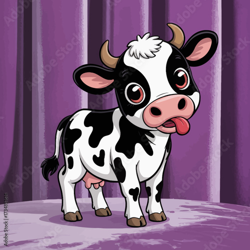 This charming cow character with big eyes and a playful expression is bringing a sense of fun and innocence to a whimsical illustration, perfect for children’s entertainment.