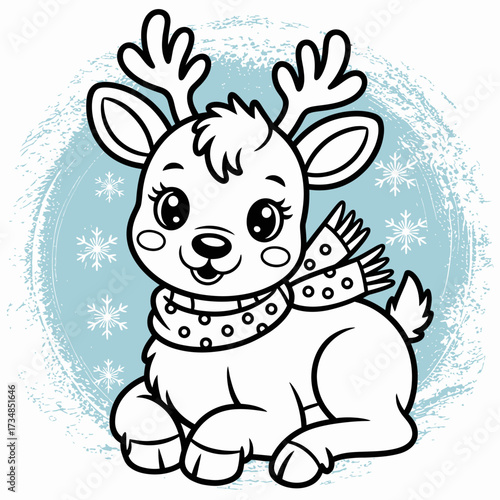 A cute reindeer character is depicted with an endearing expression, showcasing festive spirit and warmth during winter, while highlighting the joy and innocence of the season.