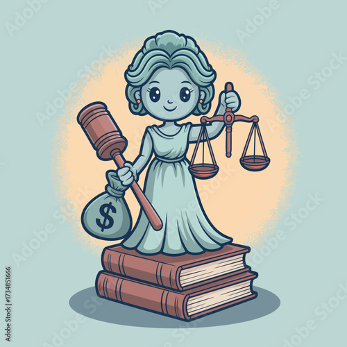 A charming and cute depiction of a legal figure holding a gavel and scales of justice, symbolizing fairness and law through a playful cartoonish style suitable for children.