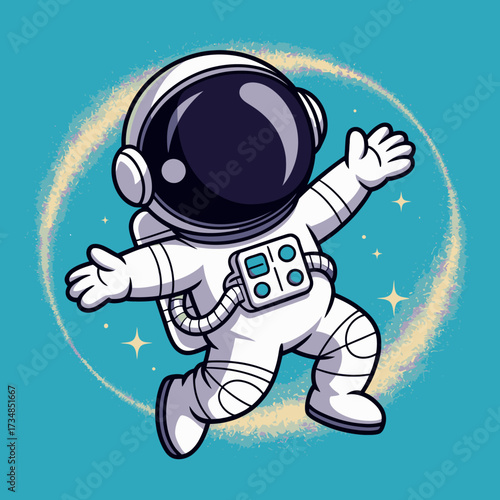 A cheerful astronaut floats in space, arms wide open in a joyful expression, surrounded by twinkling stars, symbolizing freedom and exploration in the cosmos.