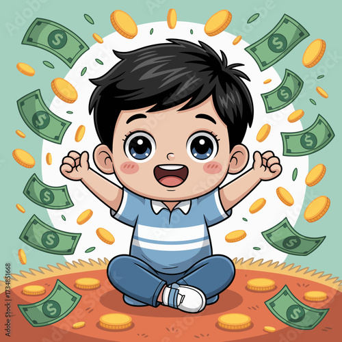 A joyful young boy celebrating with money and coins around him, symbolizing excitement, achievement, and the playful dreams of childhood wealth and fortune.