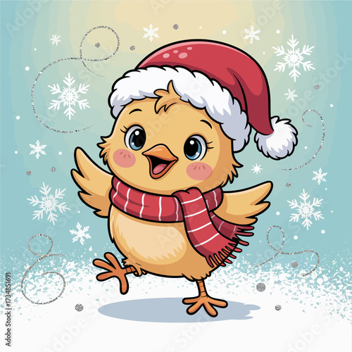 This adorable chick, wearing a Santa hat and scarf, joyfully dances against a snowy backdrop, capturing the festive spirit and innocence of the holiday season.
