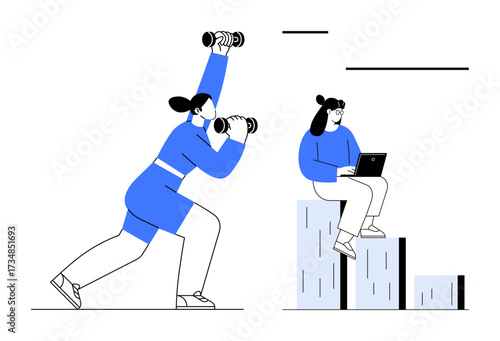 Woman lifting dumbbells in lunge position, another seated with laptop on stacked blocks. Ideal for fitness, work-life balance, multitasking, achievement, empowerment, productivity, simple flat