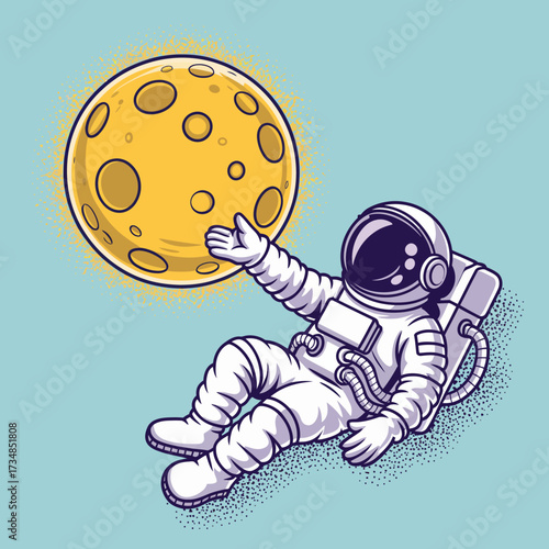 An astronaut floats in space, reaching out towards a vibrant yellow moon, representing exploration, adventure, and the boundless possibilities of the universe.