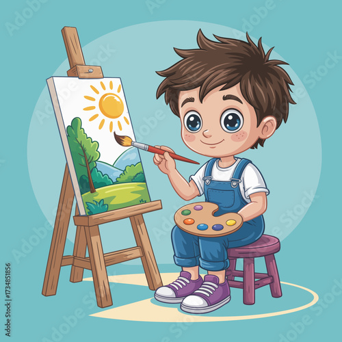 This captivating image showcases a young artist happily painting a sunny landscape, representing creativity and the bright potential of youth aspiring to express their artistic vision.