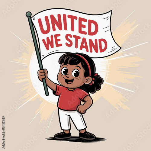 A determined young girl proudly holds a flag that reads 'United We Stand,' emphasizing the importance of unity, diversity, and empowerment in a colorful and inspiring scene.