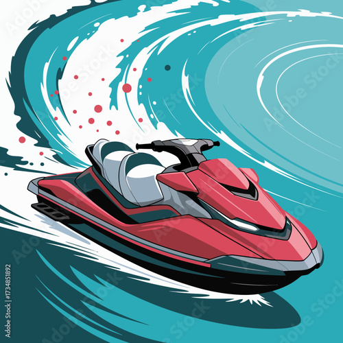 A colorful jetski splashes through bright turquoise waves, showcasing the thrill of water sports and the excitement of speed on a sunny day by the coast.