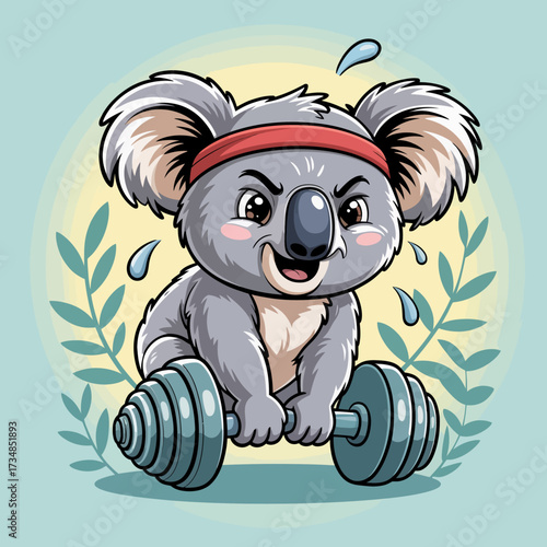 This illustration shows a cute koala working out with a dumbbell, showcasing its determination and strength while sweat droplets highlight its effort in exercise.
