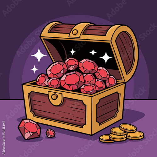 A treasure chest filled with sparkling gems and coins brings a sense of adventure and wealth, symbolizing dreams, fortune, and excitement against a mystical purple backdrop.