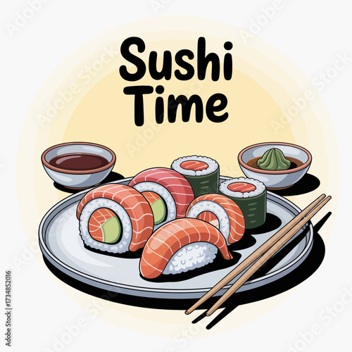 An enticing assortment of sushi rolls presented on a round plate, accompanied by soy sauce and wasabi, showcasing the art of culinary presentation and enjoyment.