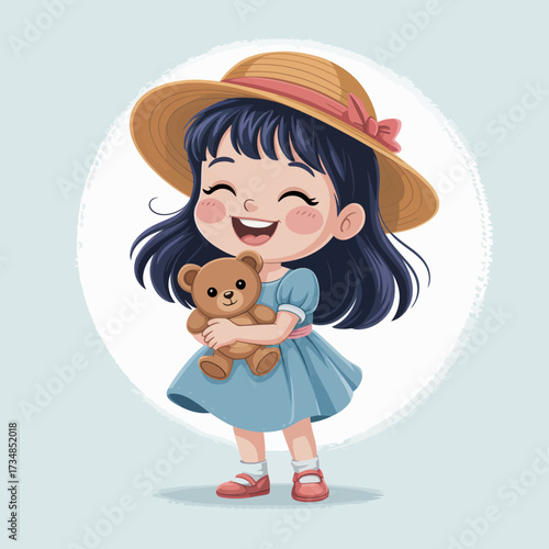 A happy girl wearing a sunhat, joyfully holding a teddy bear, embodying childhood innocence and delight, ideal for children's illustration and family-oriented themes.