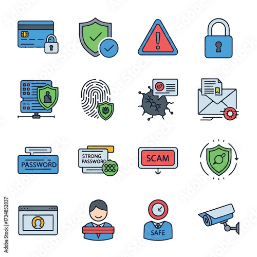 A cybersecurity icon set vector featuring various flat design symbols for security, protection, and safety on a clean white background.