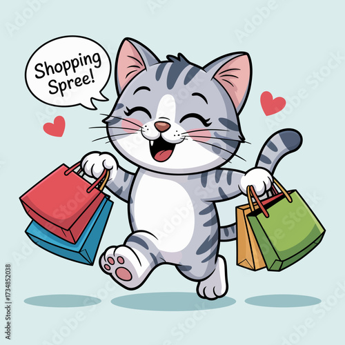 A playful cat happily trotting along with shopping bags, showcasing a sense of joy and excitement about shopping adventures, appealing to pet lovers and fun art enthusiasts.