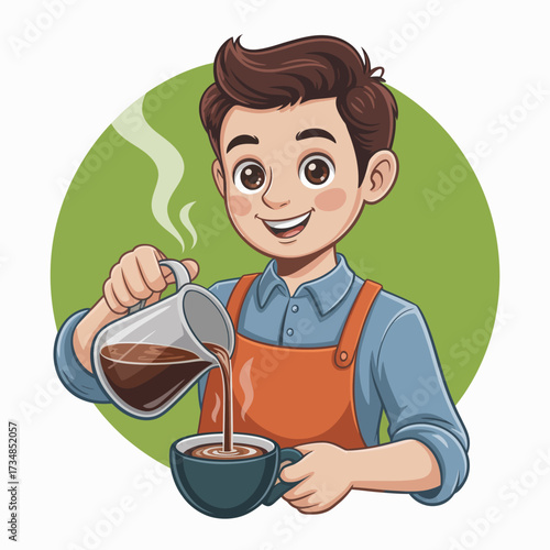 A cheerful young barista expertly pours freshly brewed coffee into a blue mug, with steam rising, showcasing a delightful coffee-making moment captured in art.