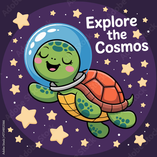 An adorable turtle wearing a space helmet floats among stars, embodying curiosity and adventure while exploring the cosmos in a captivating, whimsical style.