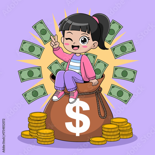 A cheerful illustration of a young girl playfully sitting atop a large money bag, surrounded by cash, conveying themes of happiness, success, and the joy of abundance.