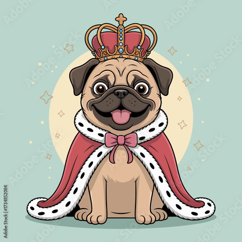 This delightful image features a regal pug wearing a crown and cape, symbolizing playfulness, nobility, and charm in a cartoonish design.