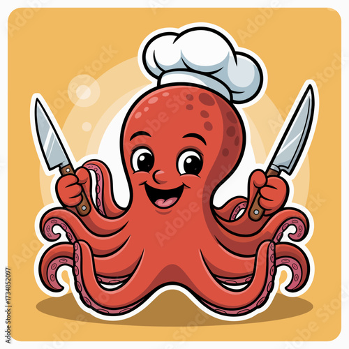 A lively octopus with a chef hat joyfully wields knives, celebrating culinary creativity and fun with its unique character design and vibrant colors.