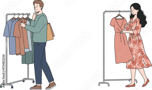 Clothing shopping, people choosing clothes, fashion store, retail shopping, men’s clothing, women’s fashion, lifestyle, consumer choice, apparel store, trendy outfits, style