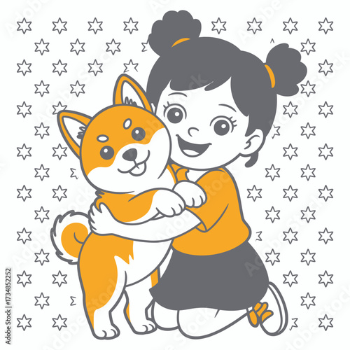 An endearing illustration of a girl hugging a Shiba Inu amidst a background of stars, capturing the warmth and bond between pets and their owners in a charming way.