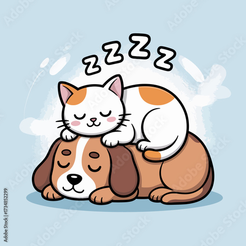 A heartwarming illustration of a cat peacefully sleeping atop a relaxed dog, embodying friendship, warmth, and the bond between pets in a charming, playful setting.